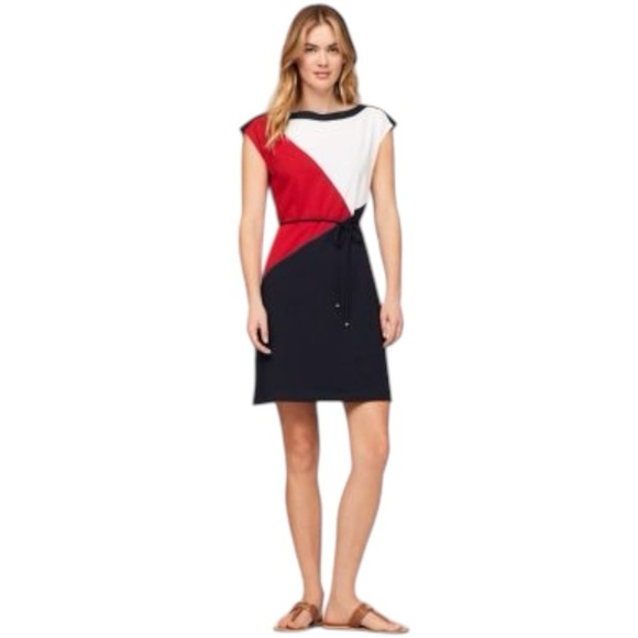 Tommy Hilfiger Red White Blue Belted Colorblock Stretch Cotton Mini Dress Size S - Picture 2 of 8